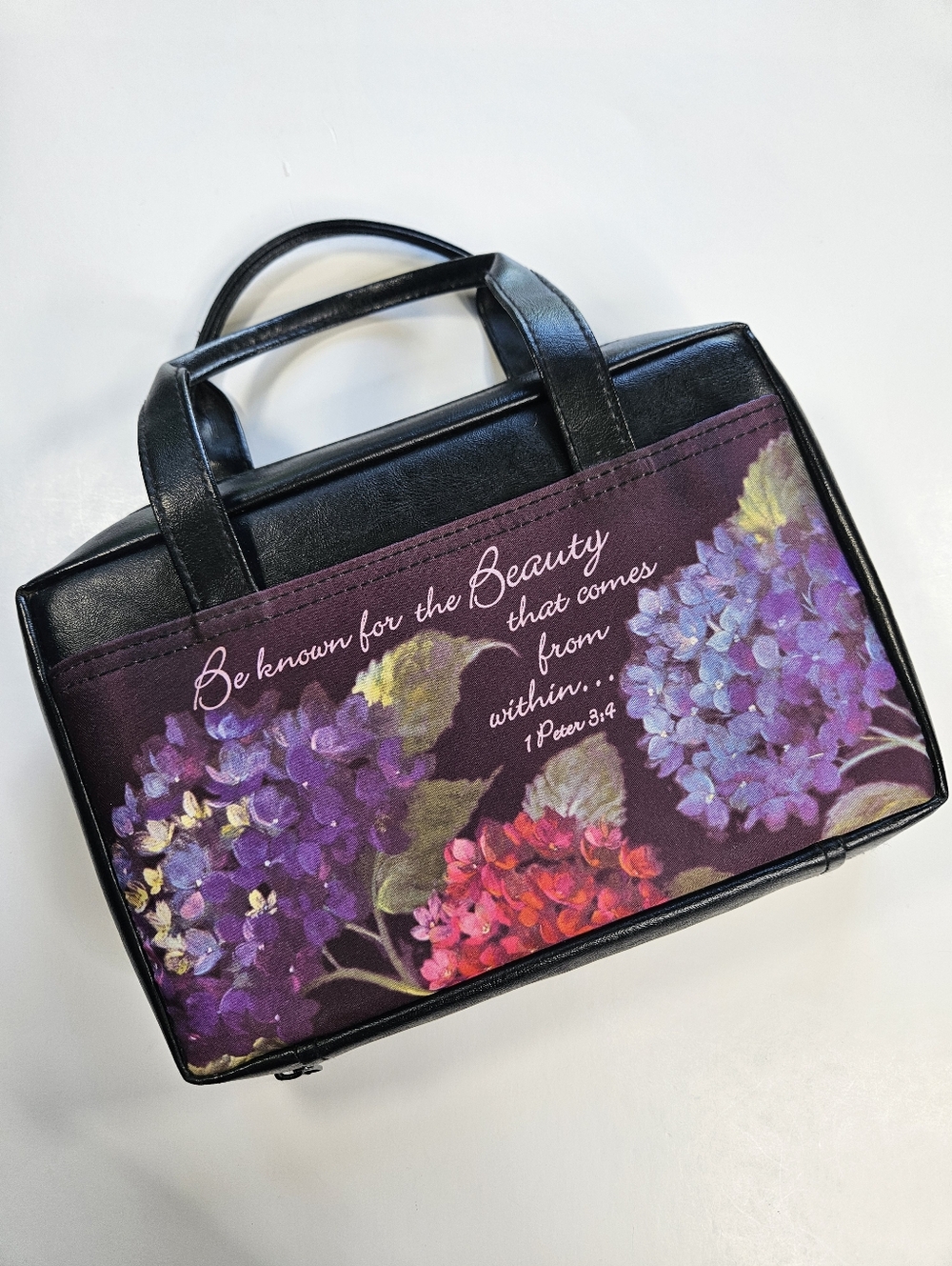 Bible Cover with handles black with hydrangeas and scripture verse 1 Peter 3:4